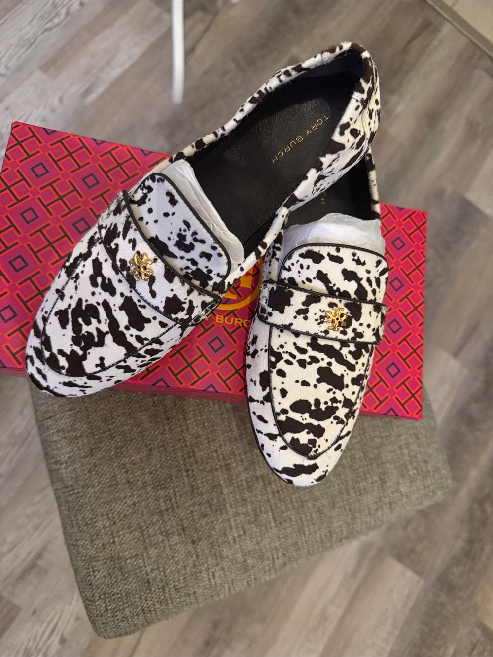 Tory Burch ballet loafer- Black and White Cow-Print hair calf  with Gold Logo